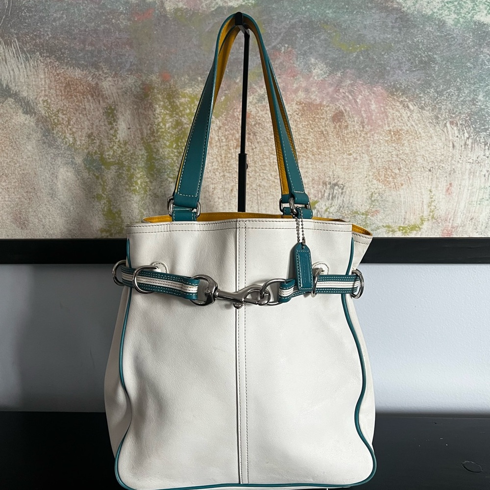 Vintage 2003 Coach Teal/Yellow/White Hampton Carryall 9286